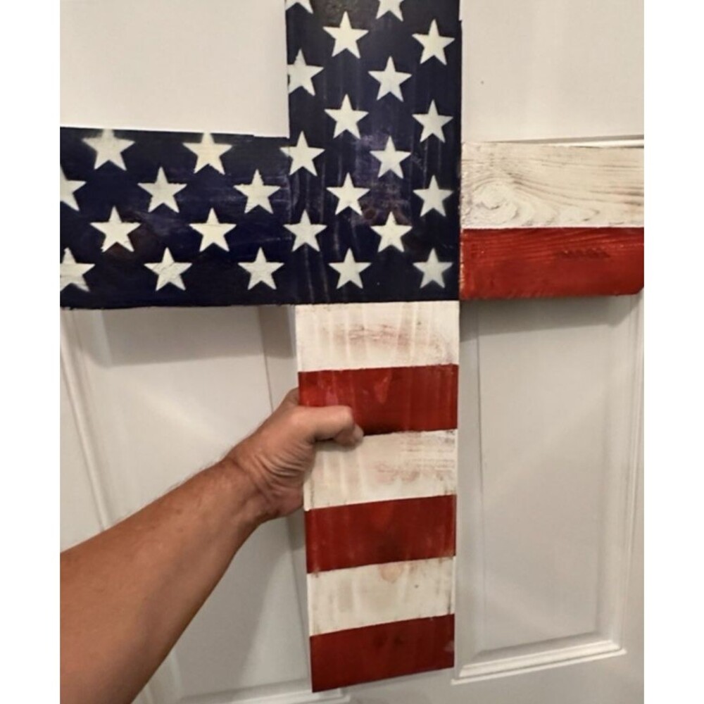 Cross/American Flag, handmade of distressed wood indoor/outdoor 22"x14" NEW